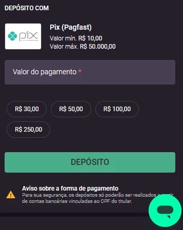 Print da área de depósito da RealsBet