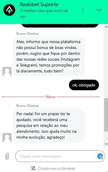 Print da área de Chat ao Vivo da RealsBet